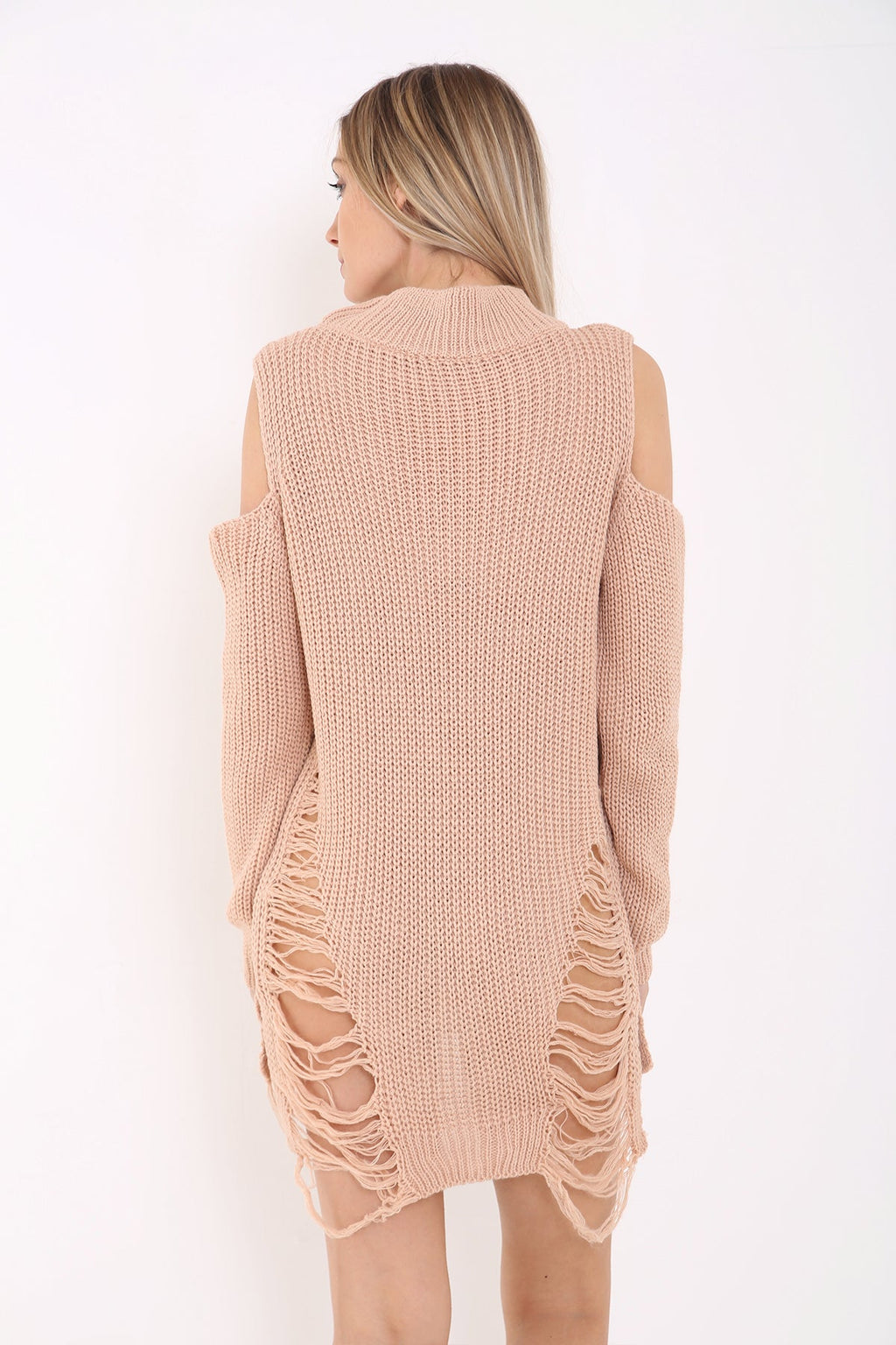 Cold Shoulder Choker Neck Ripped Ladder Distress Knitted Jumper