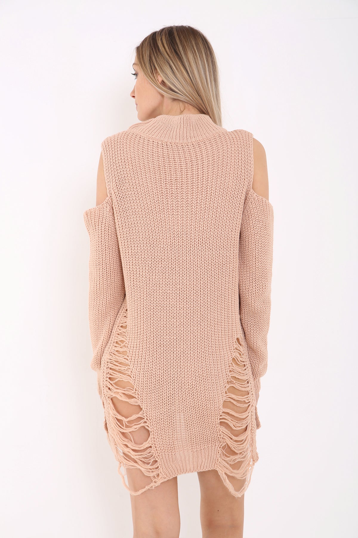 Cold Shoulder Choker Neck Ripped Ladder Distress Knitted Jumper