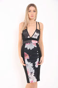 Cross Back Striped Floral Mesh Plunge Dress