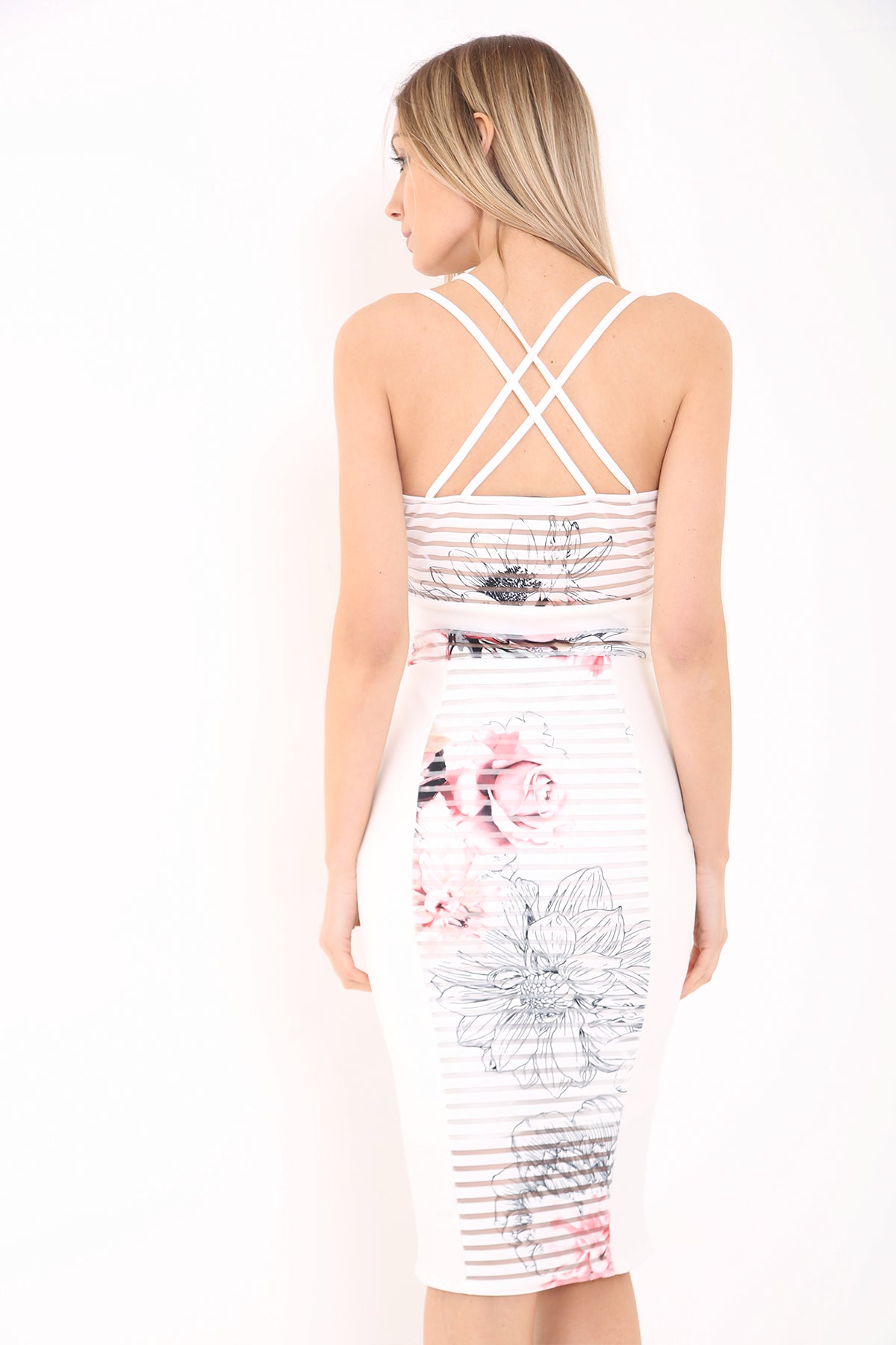Cross Back Striped Floral Mesh Plunge Dress