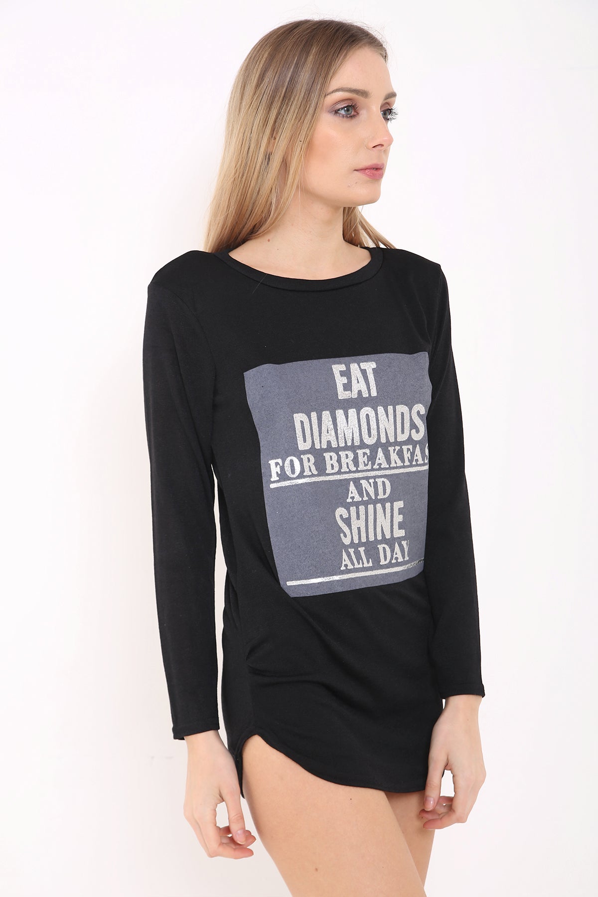 Melange Knit Eat Diamonds Print Long Sleeve Top