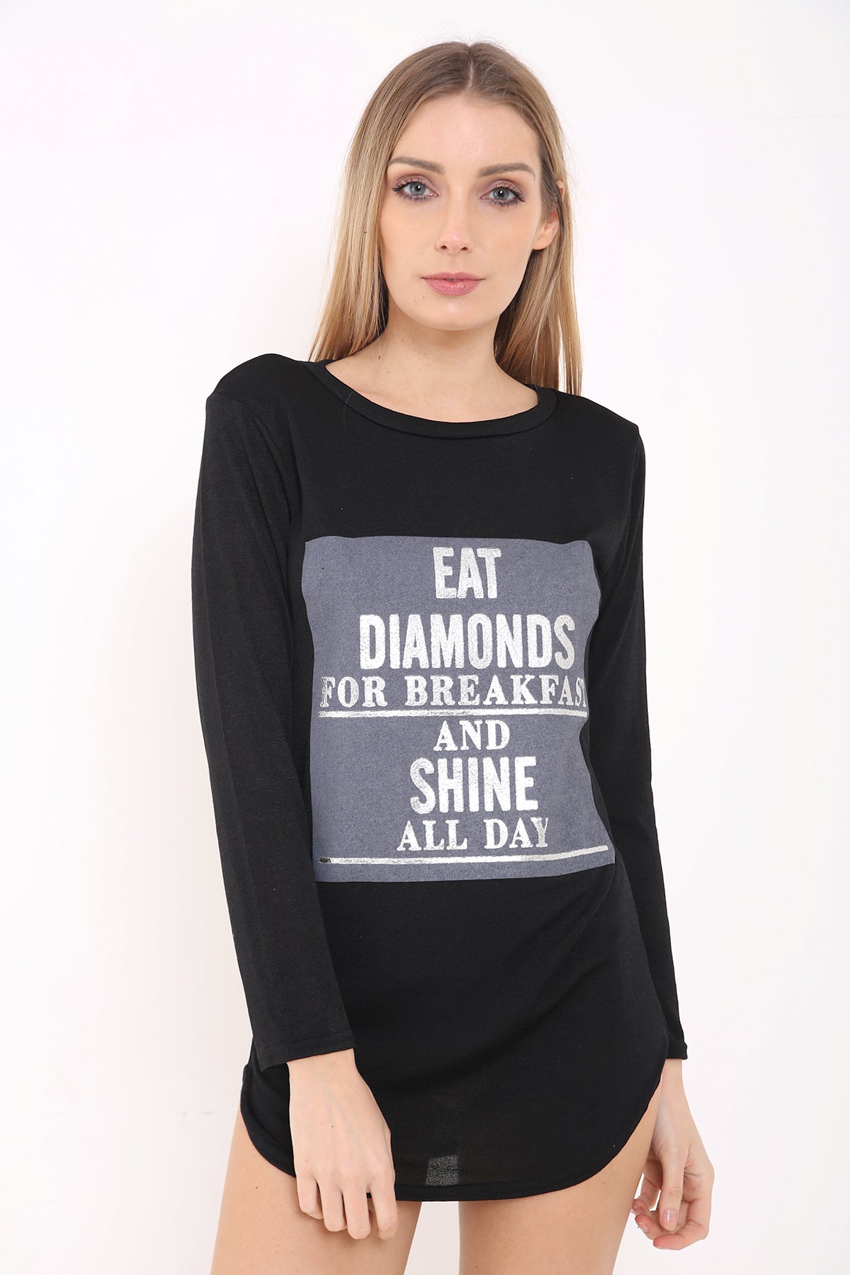 Melange Knit Eat Diamonds Print Long Sleeve Top