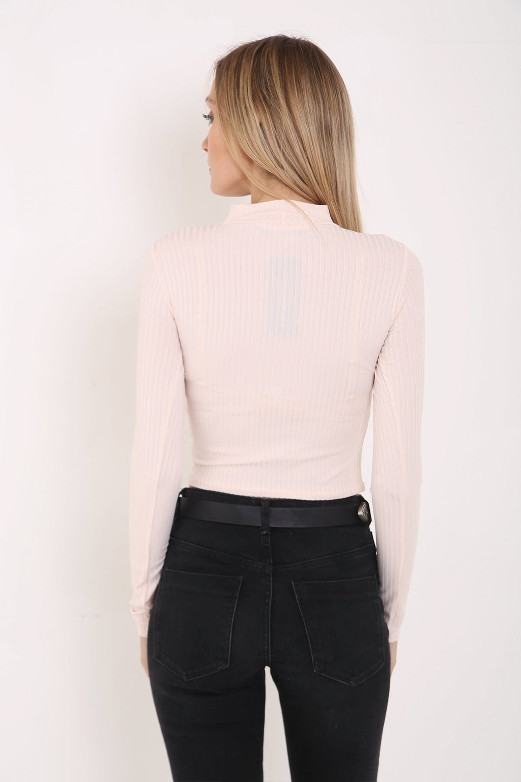 Ribbed Choker Neck Long Sleeve Top