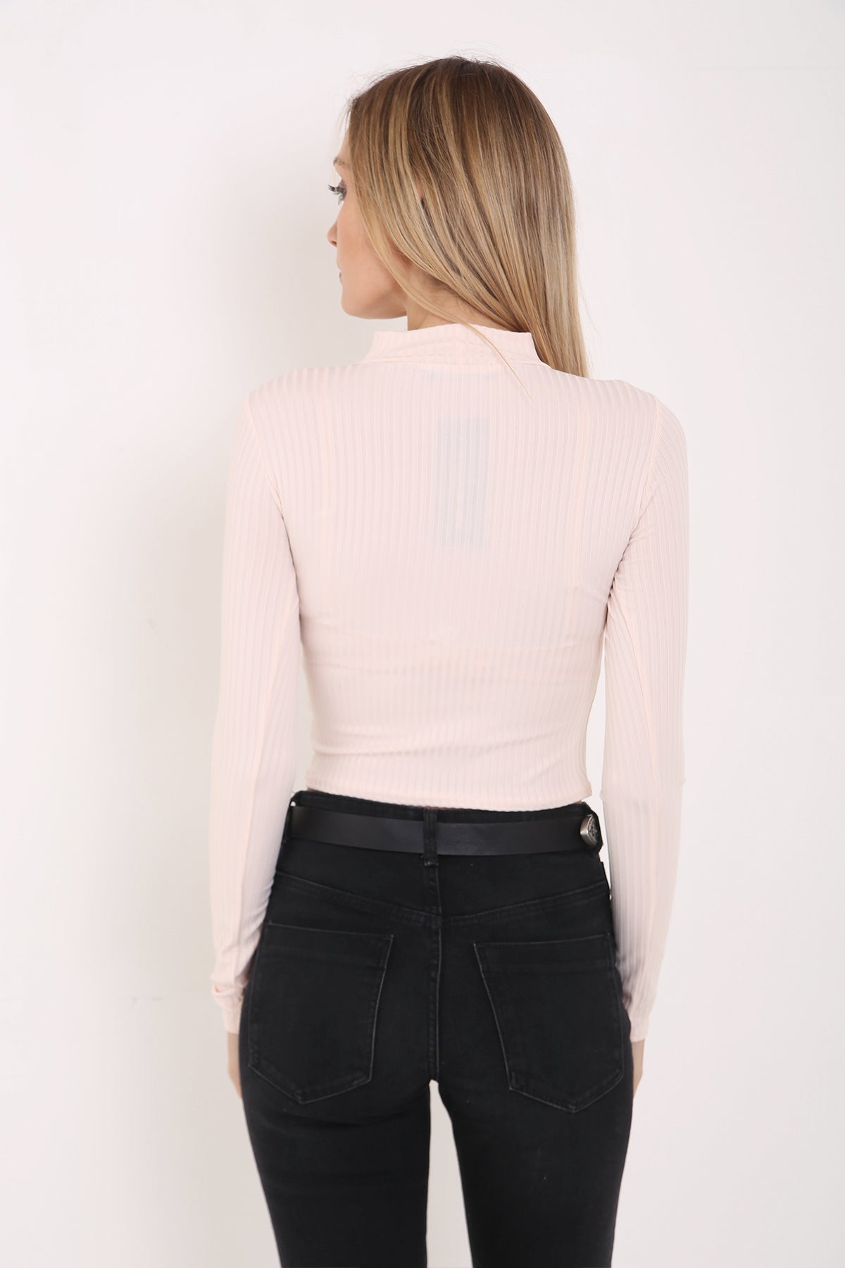 Ribbed Choker Neck Long Sleeve Top