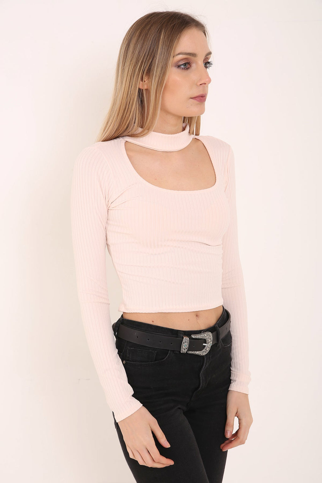 Ribbed Choker Neck Long Sleeve Top