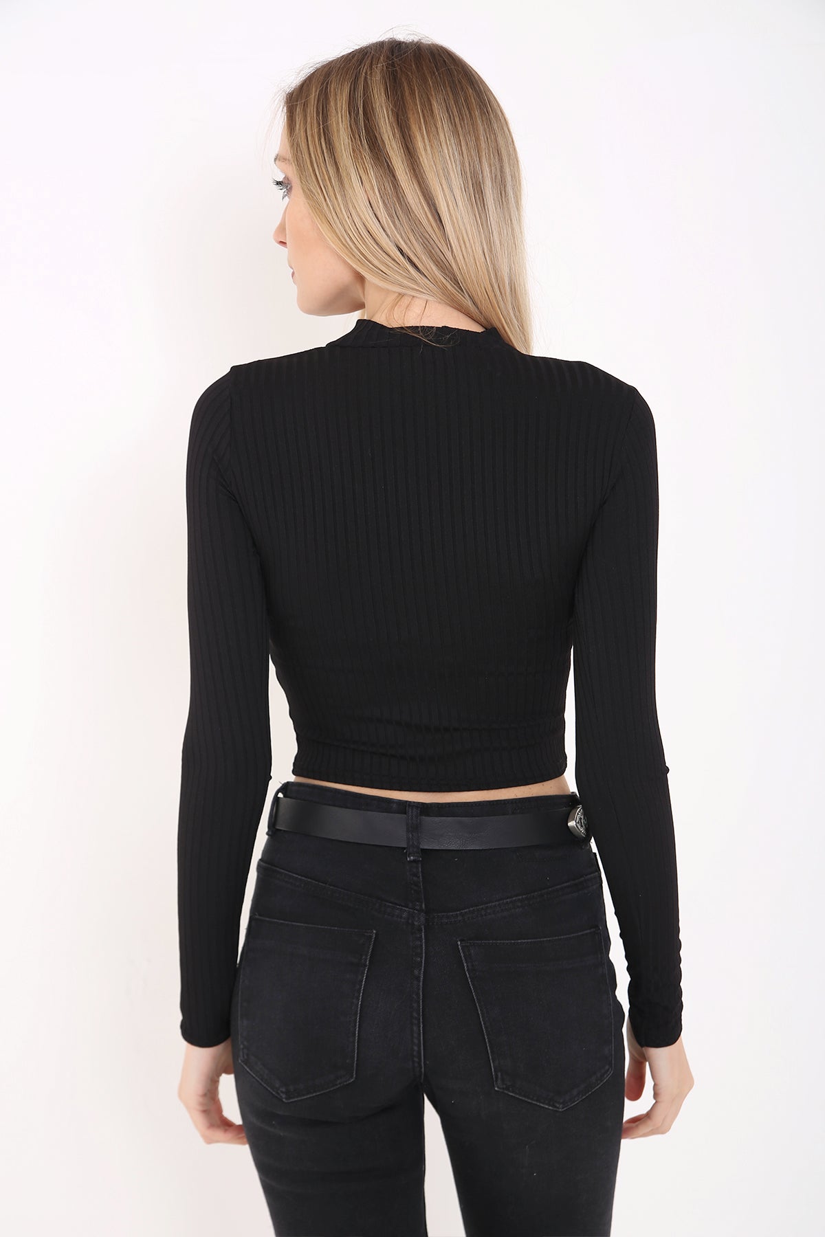 Ribbed Choker Neck Long Sleeve Top