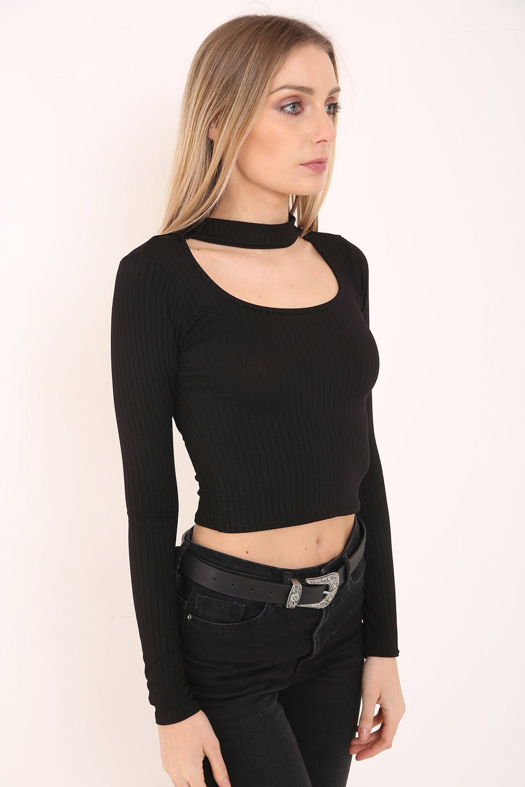 Ribbed Choker Neck Long Sleeve Top