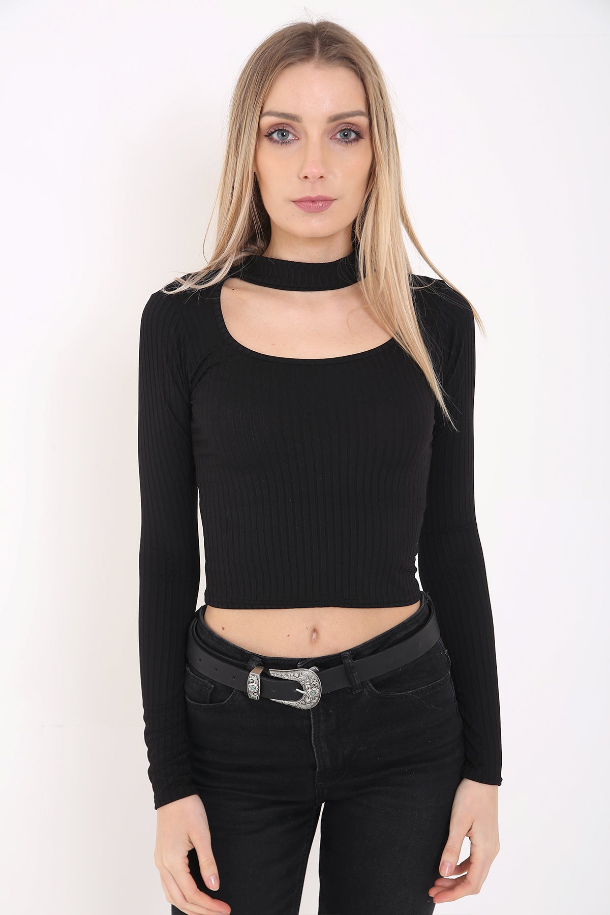 Ribbed Choker Neck Long Sleeve Top