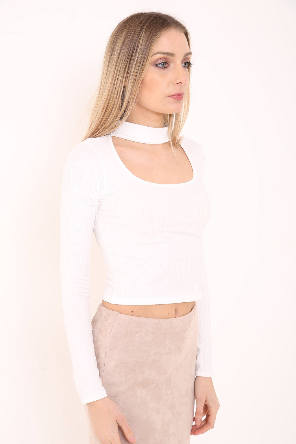 Ribbed Choker Neck Long Sleeve Top