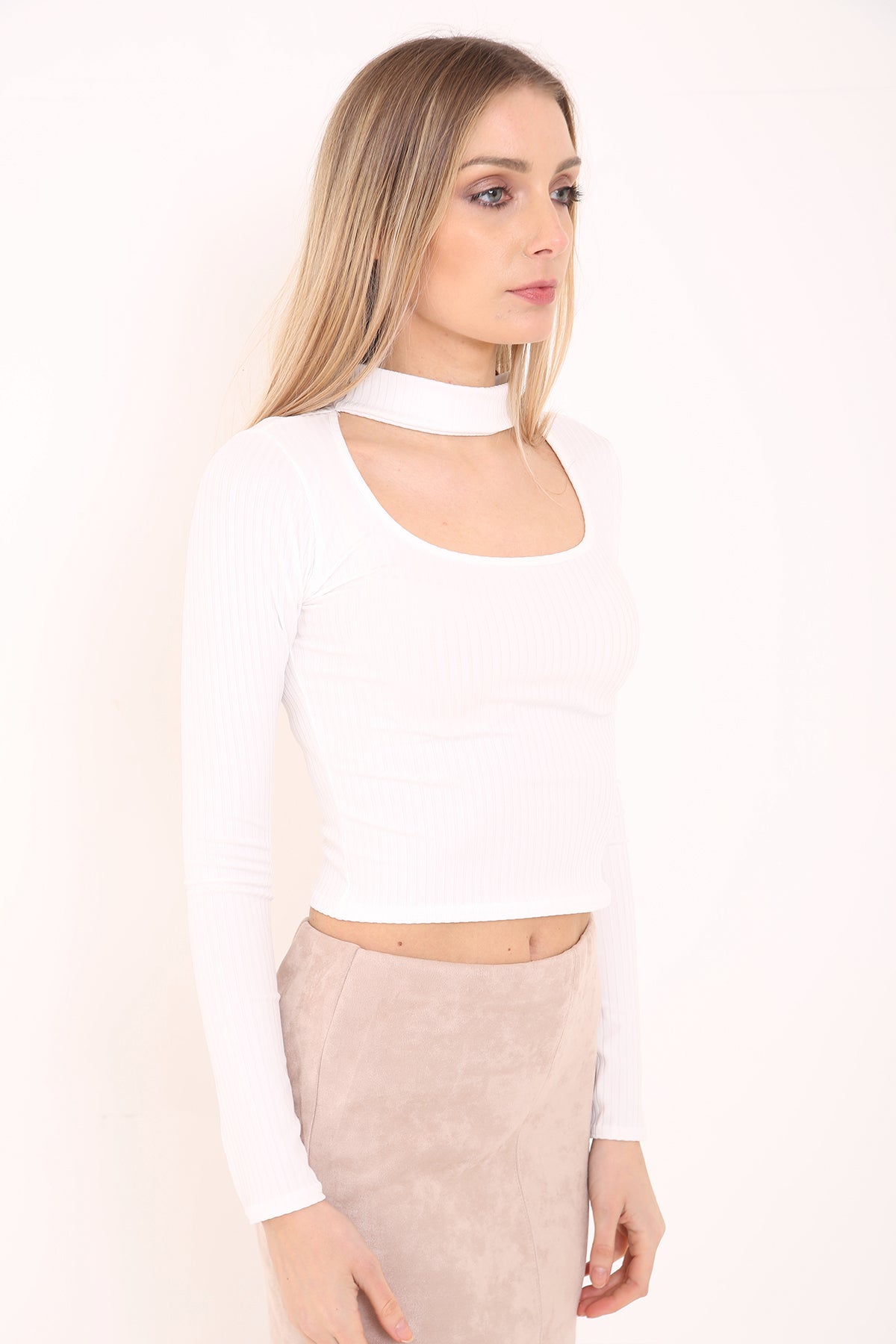 Ribbed Choker Neck Long Sleeve Top
