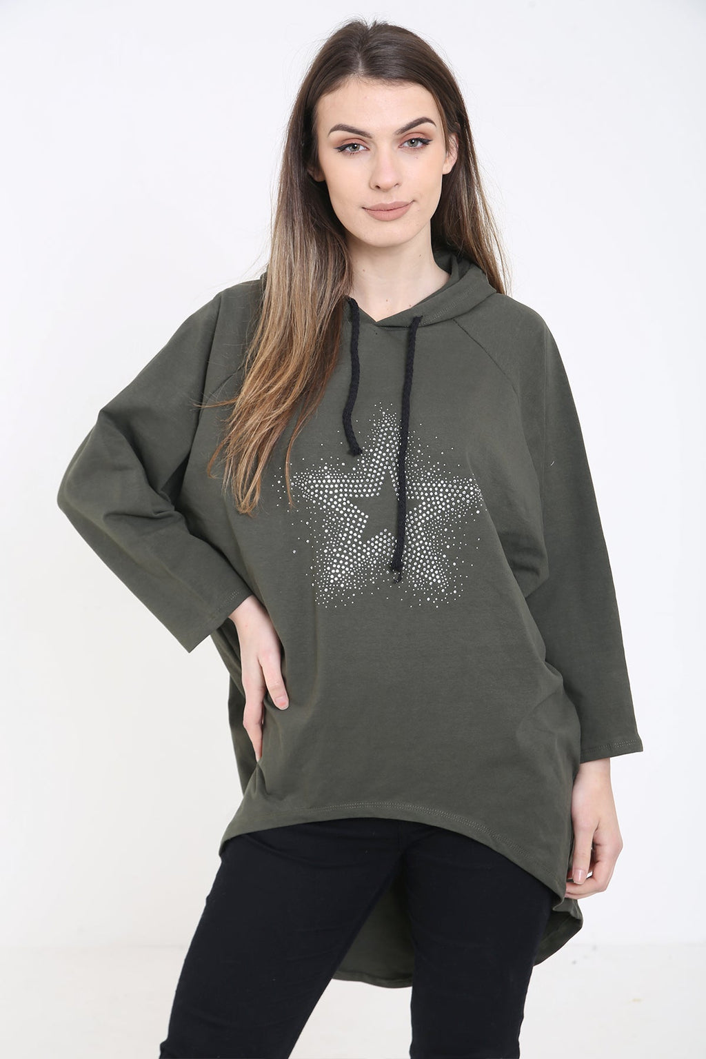 Studded Star Detail Oversized Hooded Jumper