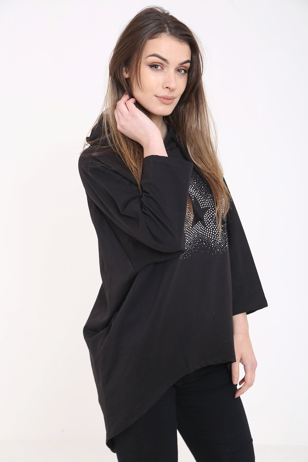 Studded Star Detail Oversized Hooded Jumper