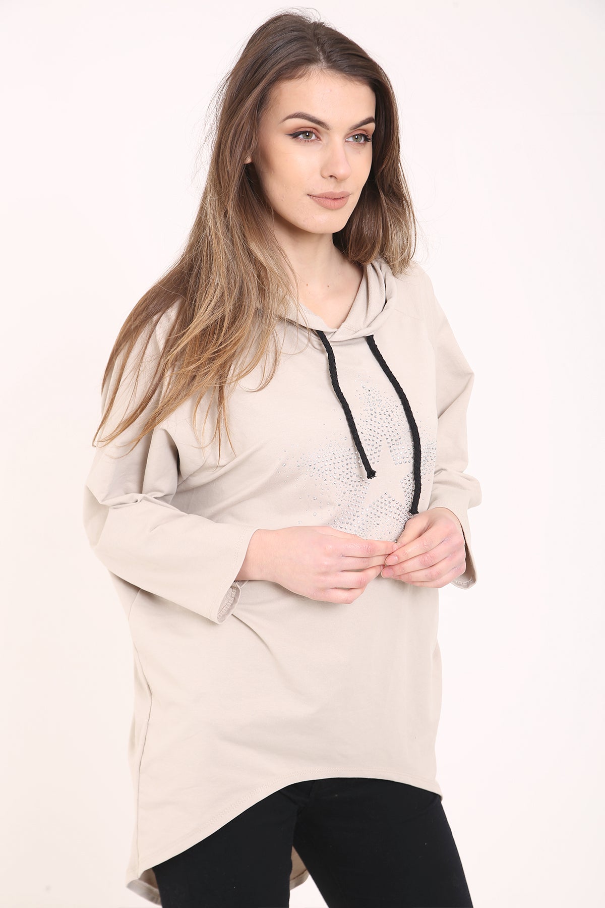 Studded Star Detail Oversized Hooded Jumper