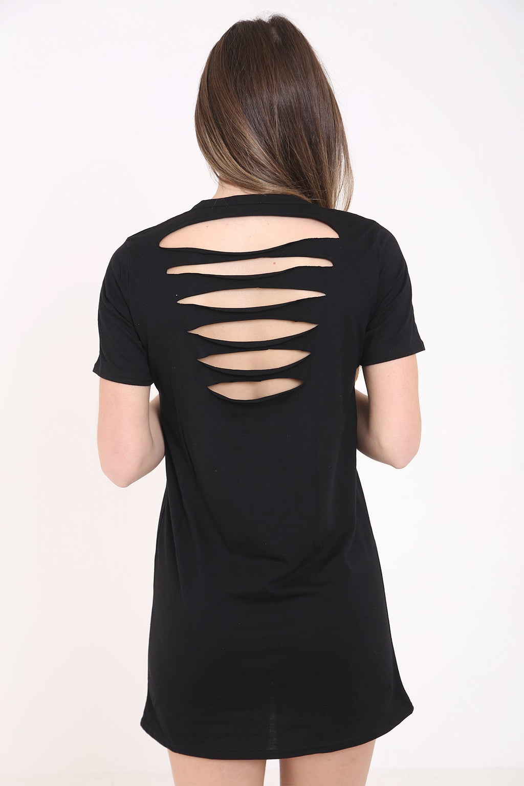 Slash Back Studded Heart Printed Longline T Shirt Dress