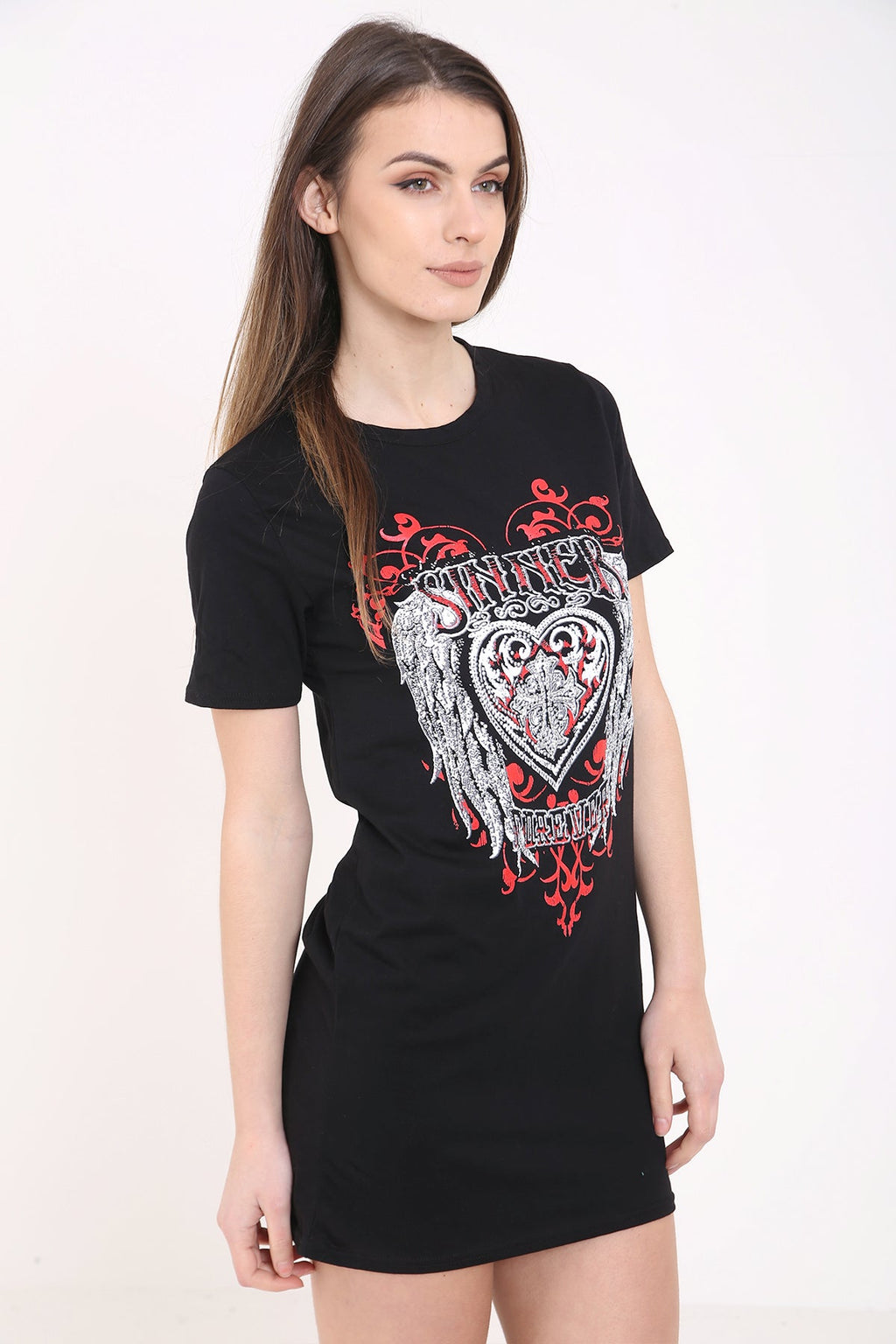 Slash Back Studded Heart Printed Longline T Shirt Dress