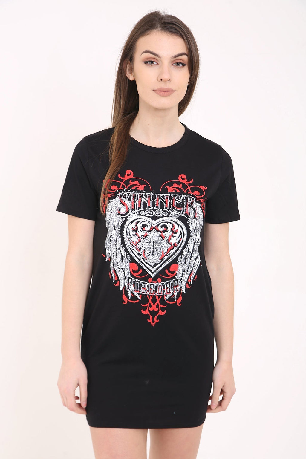 Slash Back Studded Heart Printed Longline T Shirt Dress