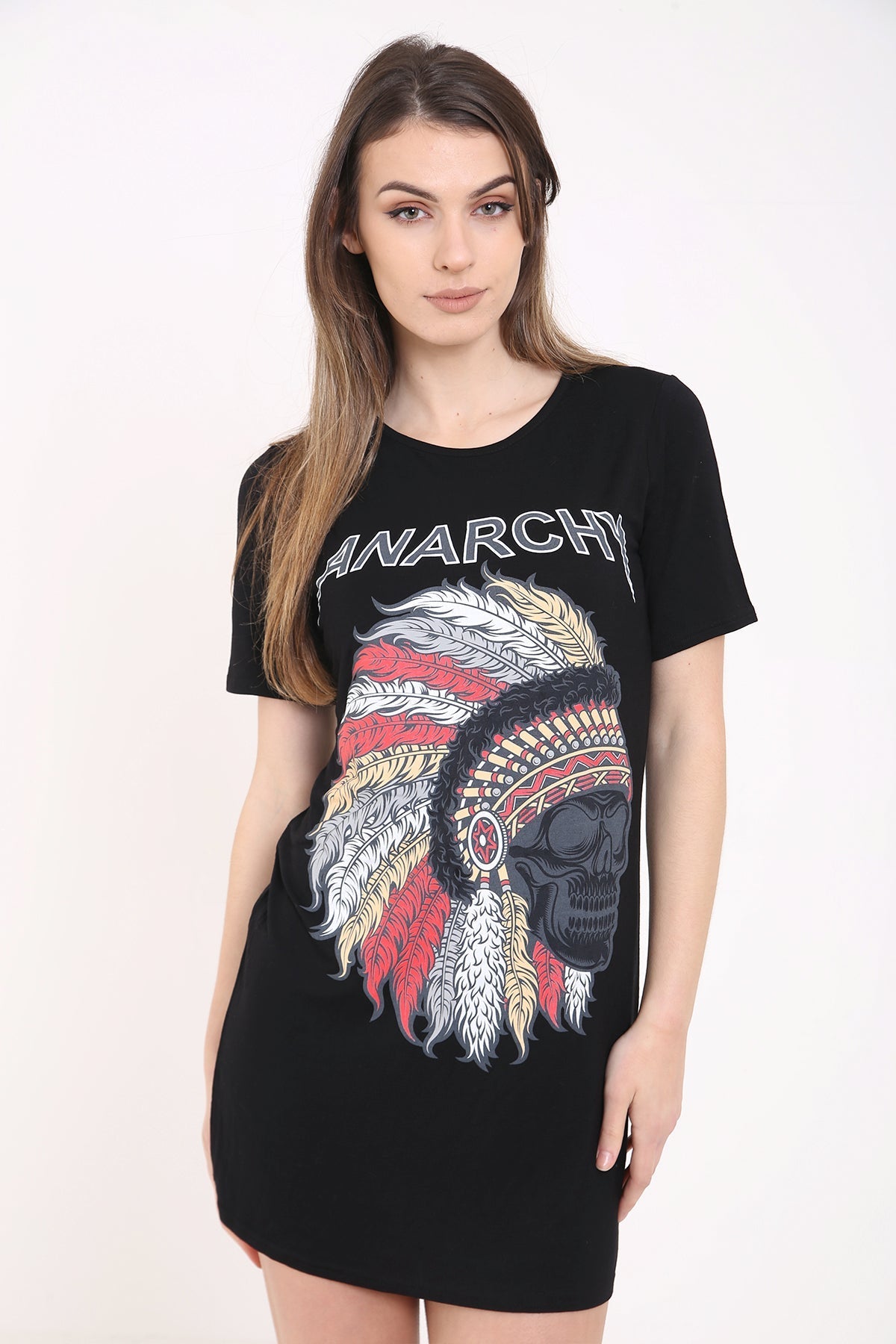 Anarchy Tribal Skull Printed Longline T Shirt Dress