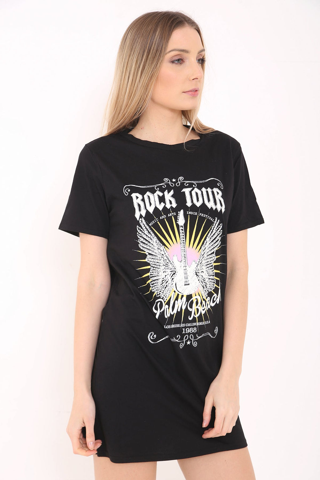 Slash Back Studded Guitar Printed Longline T Shirt Dress