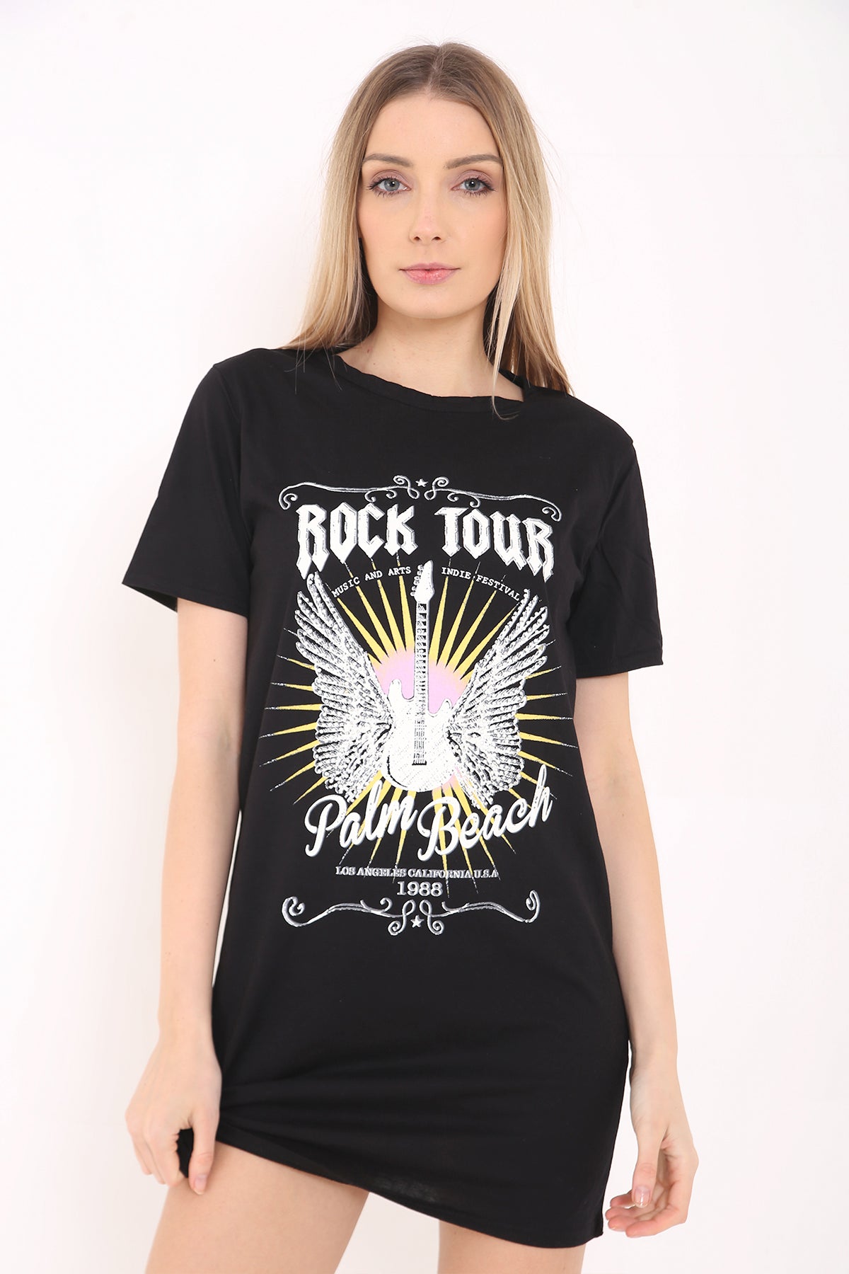 Slash Back Studded Guitar Printed Longline T Shirt Dress