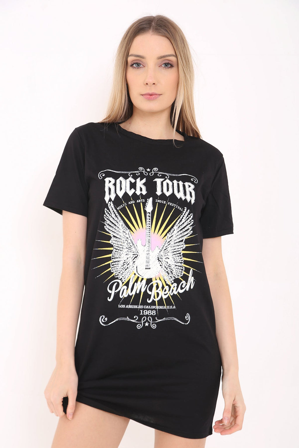 Slash Back Studded Guitar Printed Longline T Shirt Dress