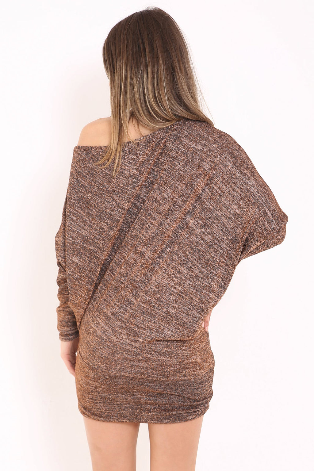 Lurex Knit Metallic Off Shoulder Batwing Dress Top