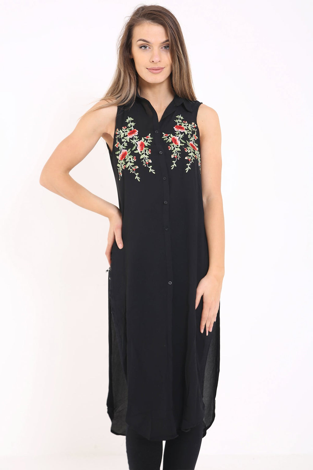 Floral Embroidered Longline Shirt Dress Top