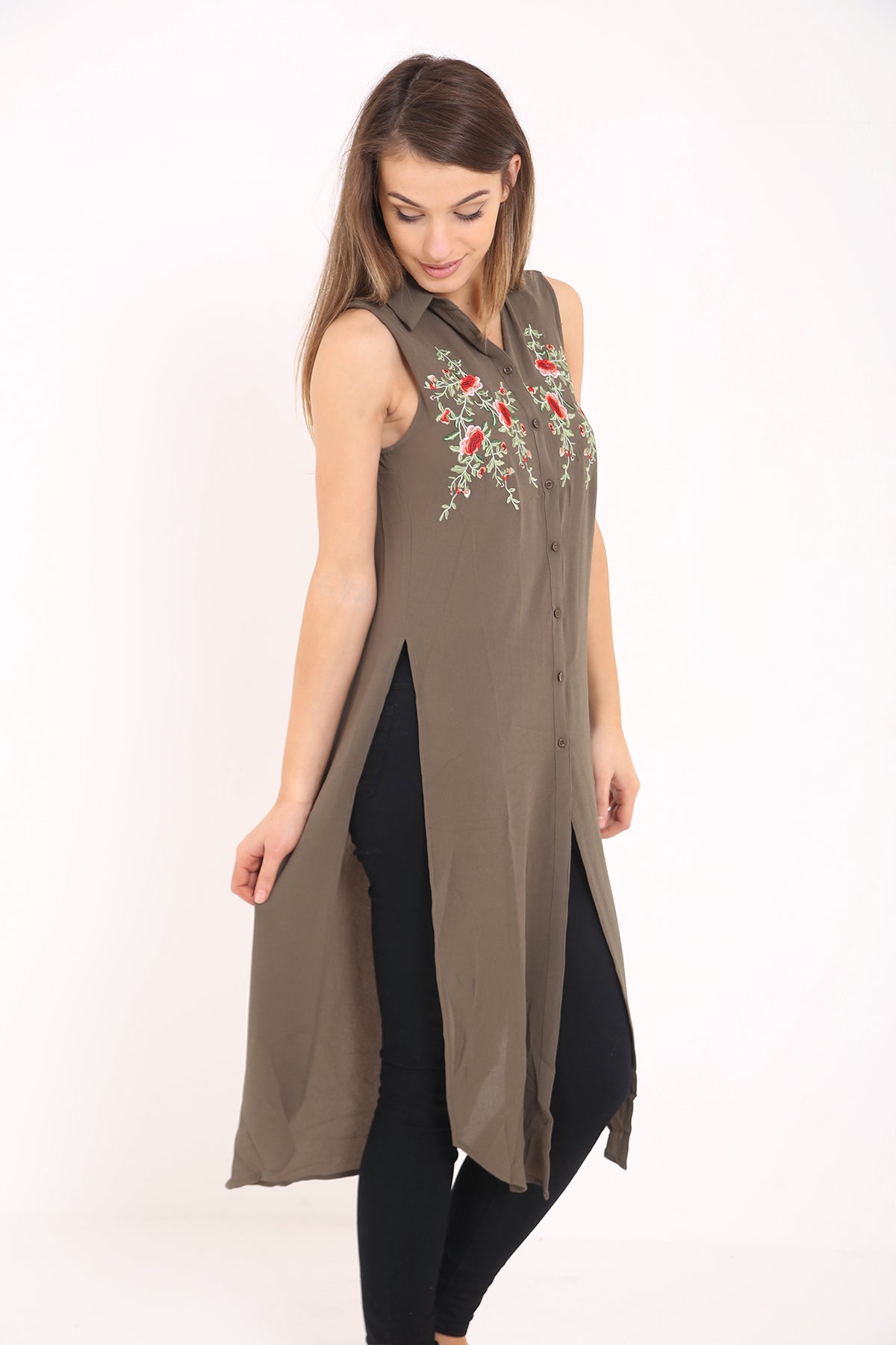 Floral Embroidered Longline Shirt Dress Top
