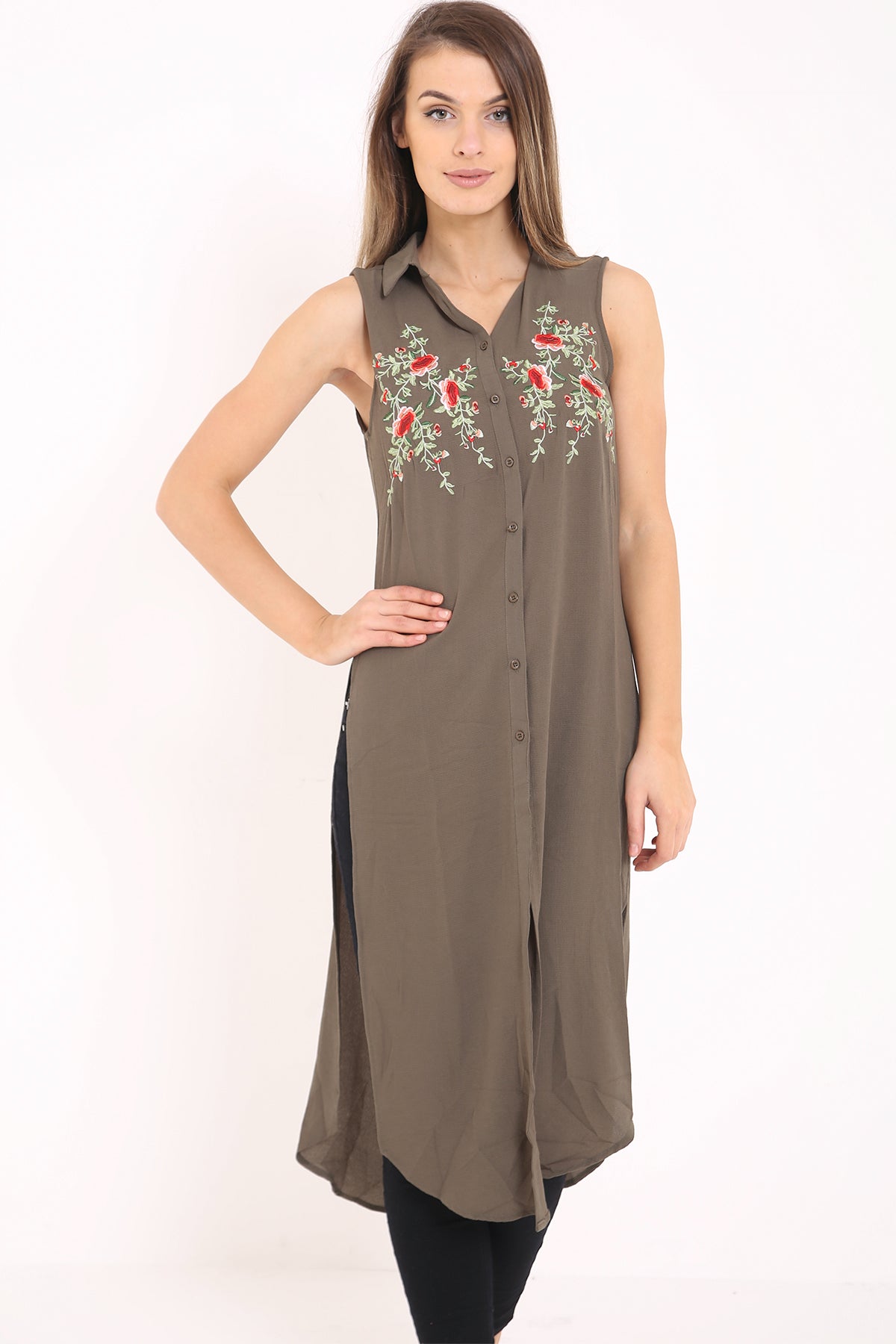 Floral Embroidered Longline Shirt Dress Top