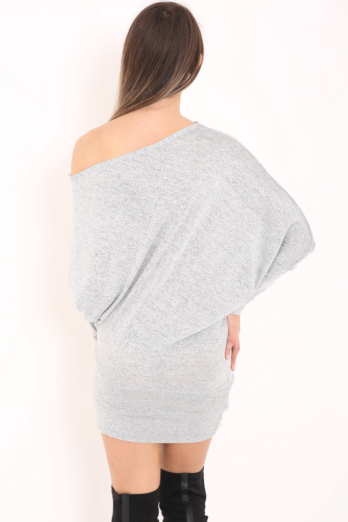 Lurex Knit Metallic Off Shoulder Batwing Dress Top