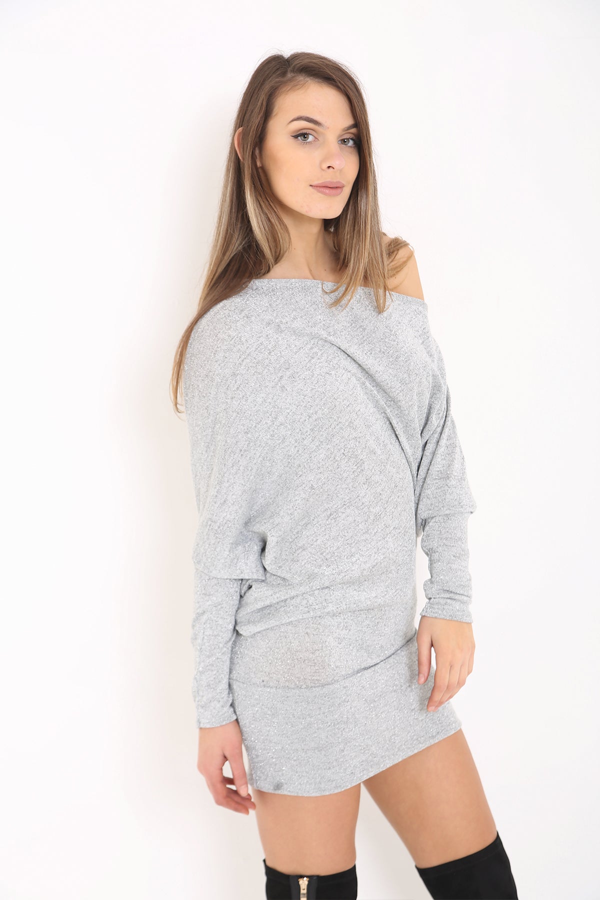 Lurex Knit Metallic Off Shoulder Batwing Dress Top