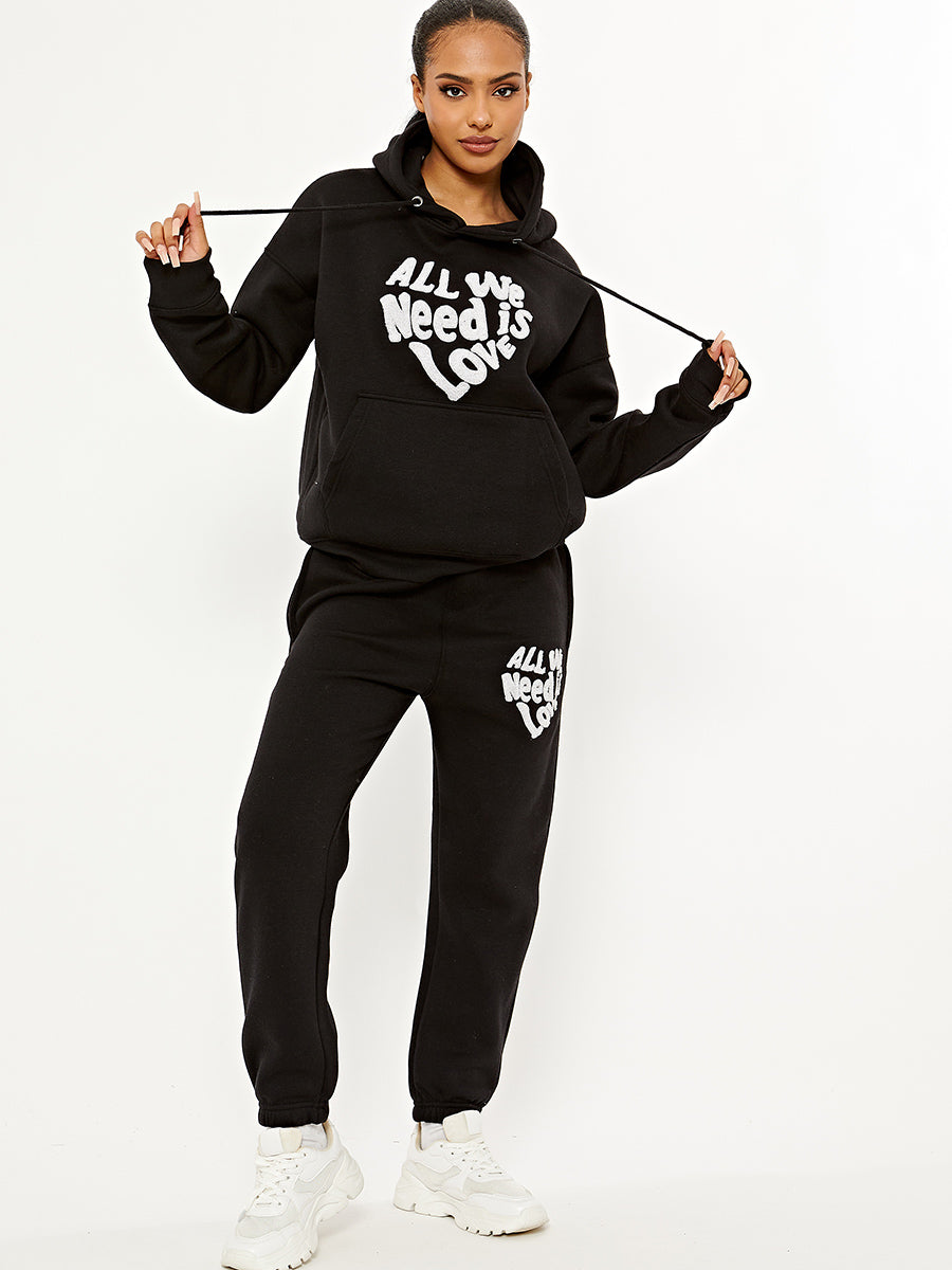 Towelling Embroidered All We Need Is Love Hooded Fleece Co-ord