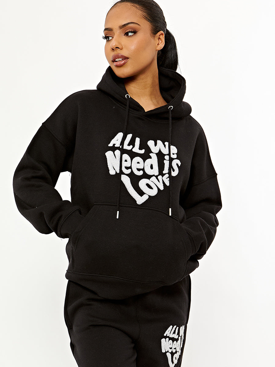 Towelling Embroidered All We Need Is Love Hooded Fleece Co-ord