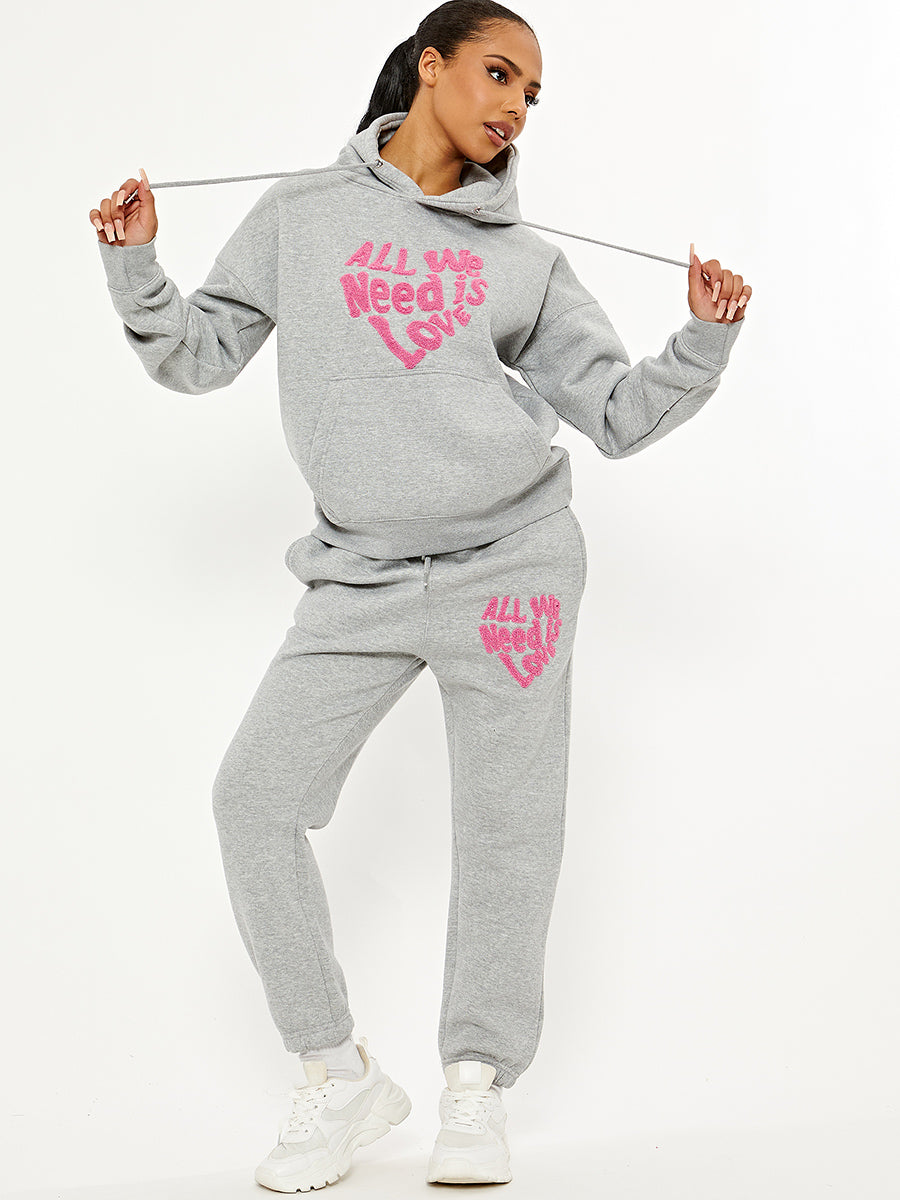 Towelling Embroidered All We Need Is Love Hooded Fleece Co-ord