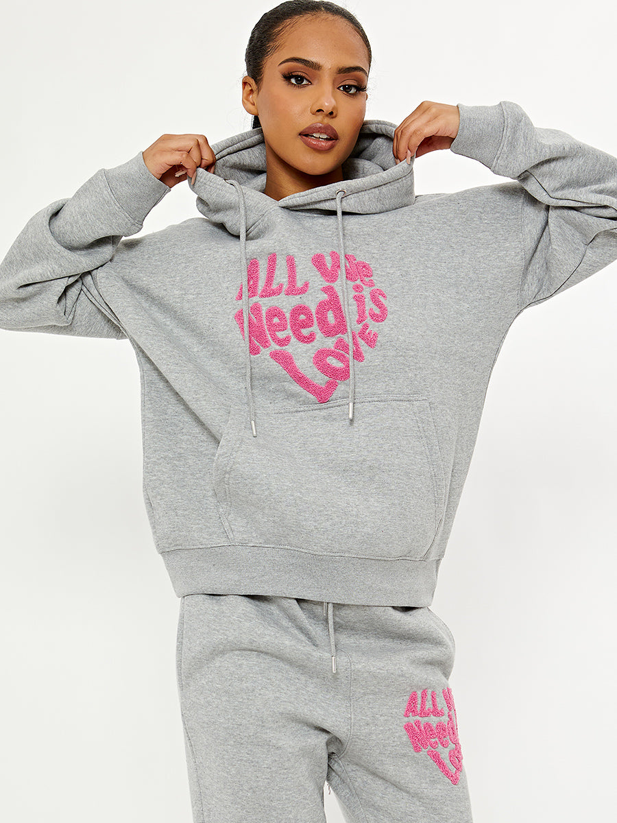 Towelling Embroidered All We Need Is Love Hooded Fleece Co-ord
