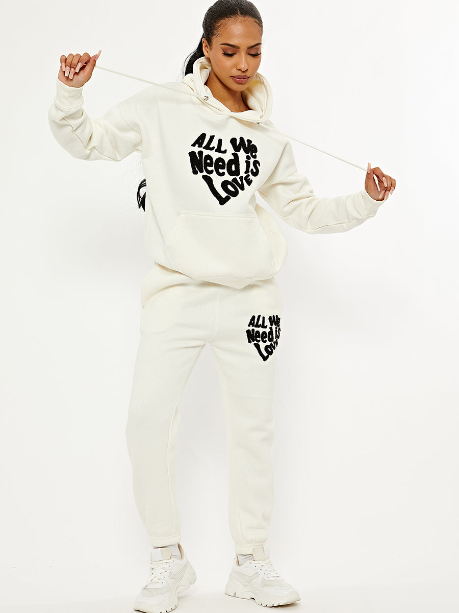 Towelling Embroidered All We Need Is Love Hooded Fleece Co-ord