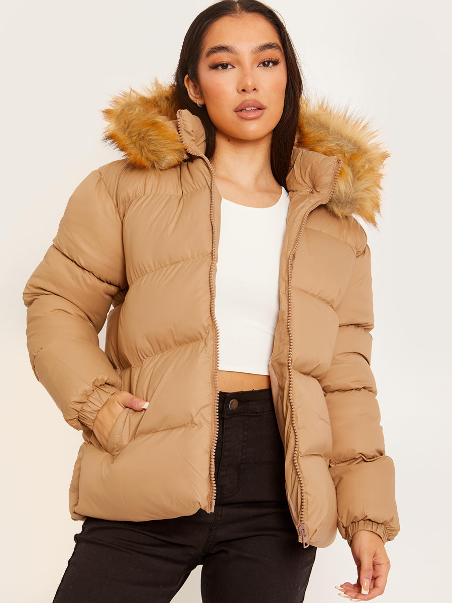Faux Fur Trim Hood Padded Puffer Jacket