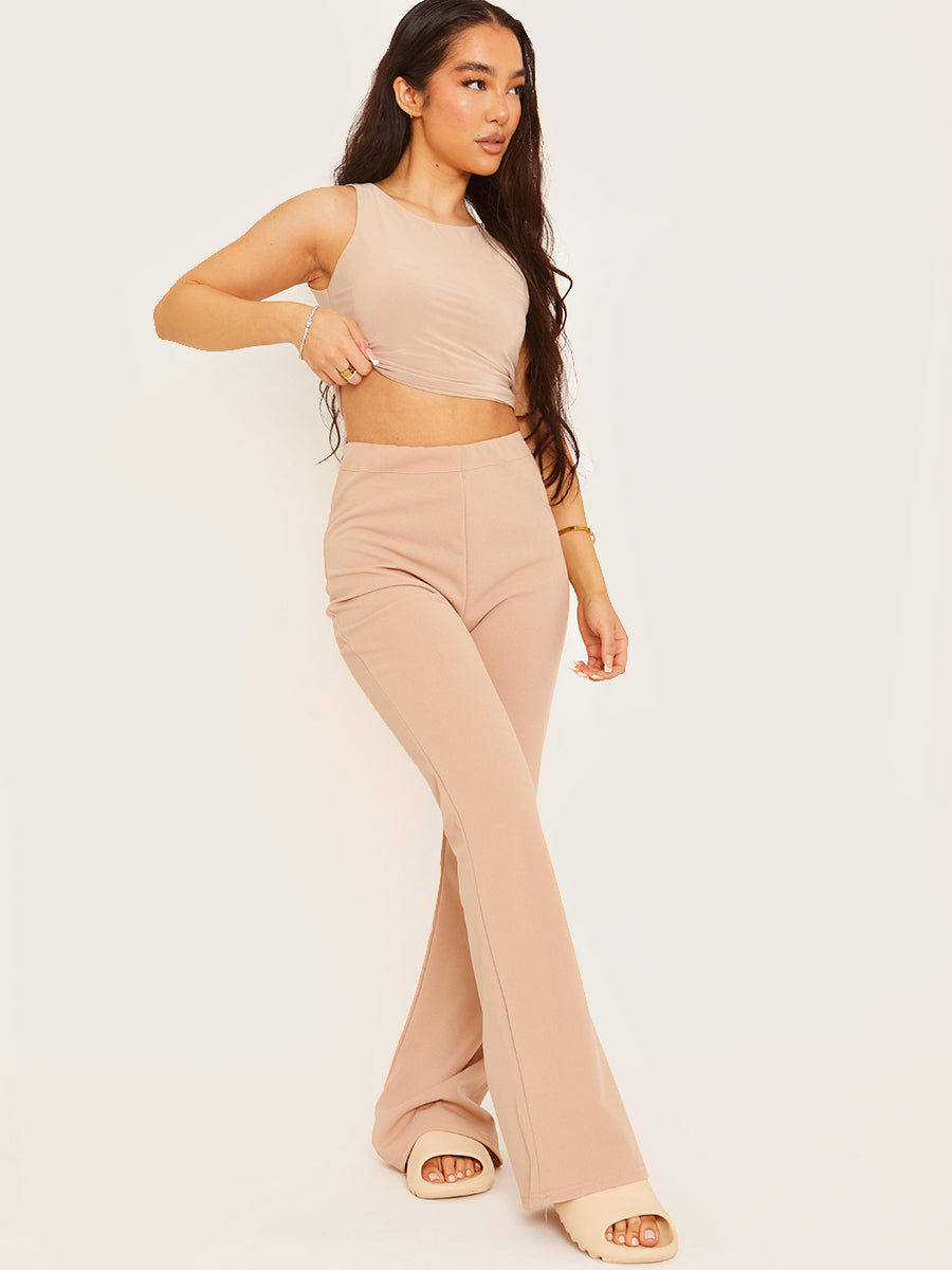 High Waisted Plain Flared Trouser