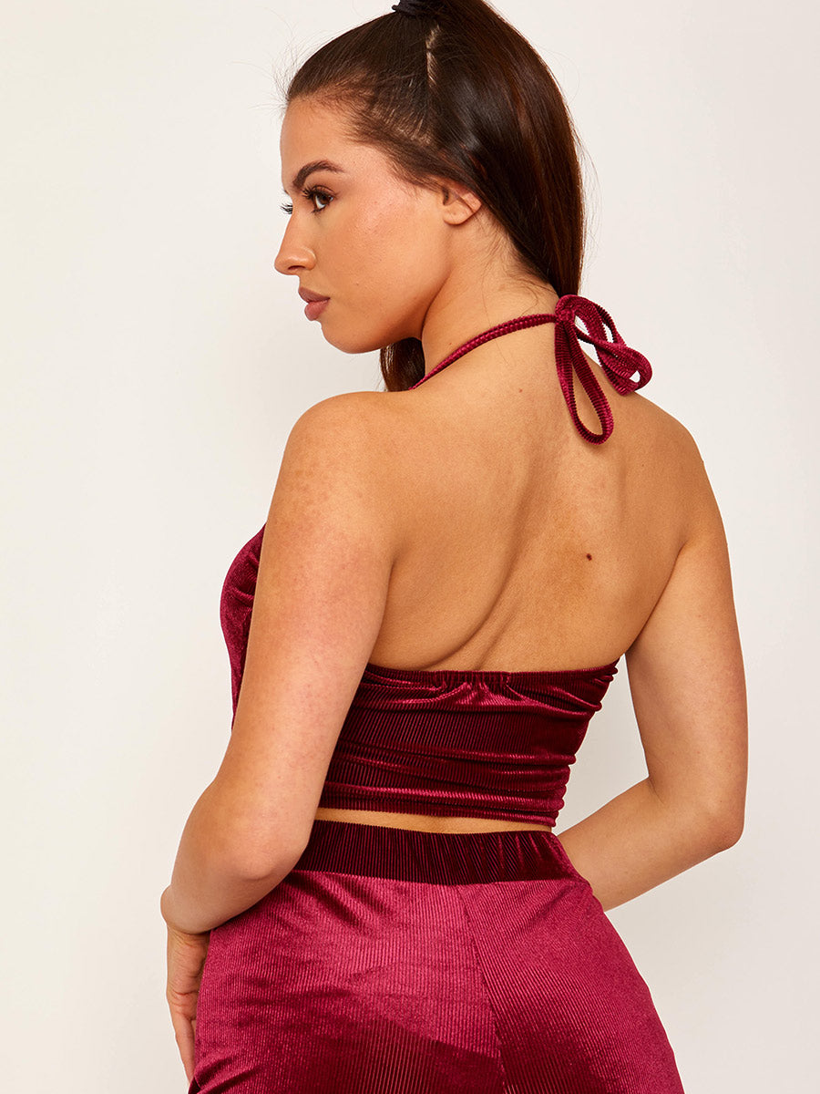 Velour Ribbed Halter Neck Crop Top