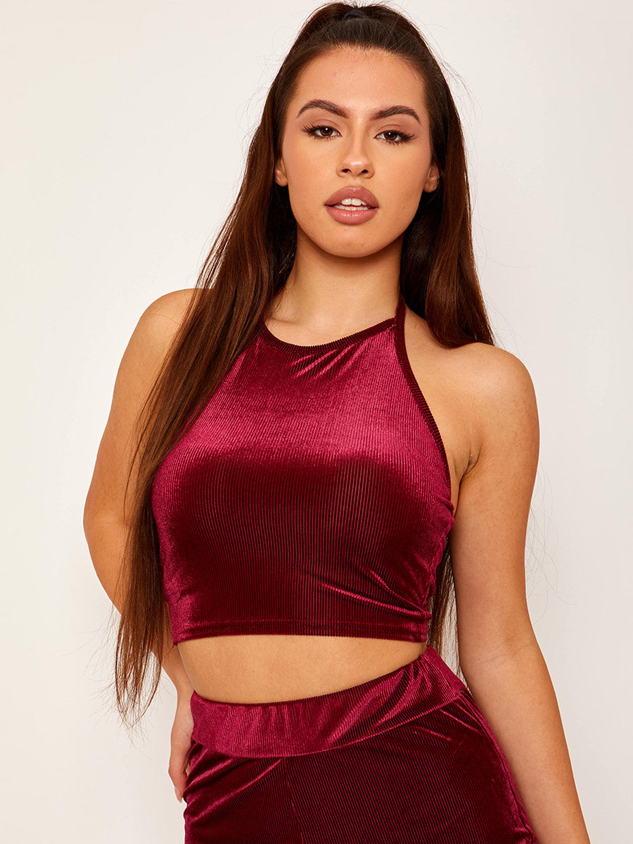 Velour Ribbed Halter Neck Crop Top