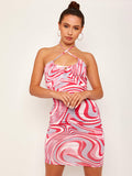 Crisscross Halterneck Marble Print Bodycon Dress