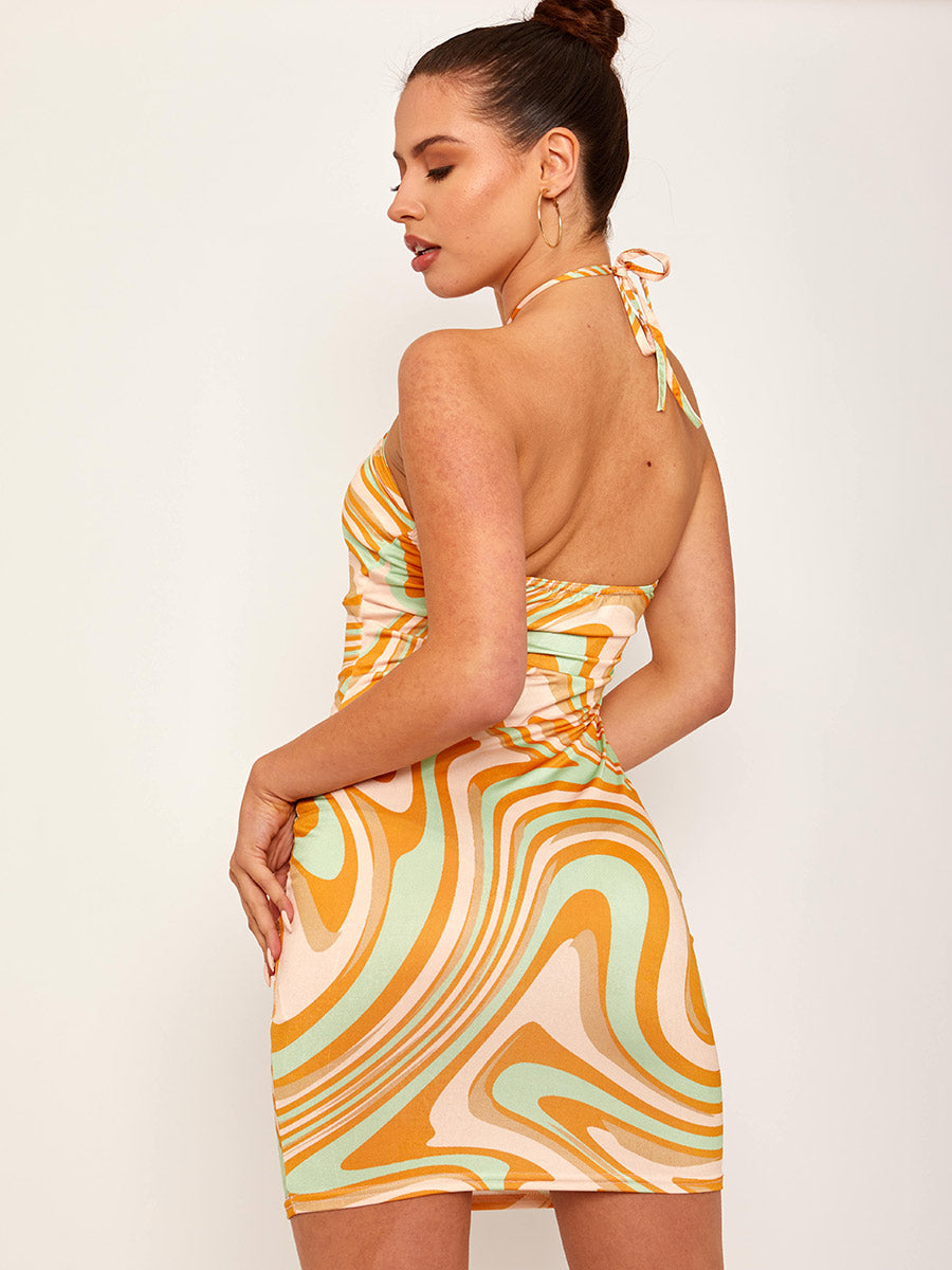 Crisscross Halterneck Marble Print Bodycon Dress