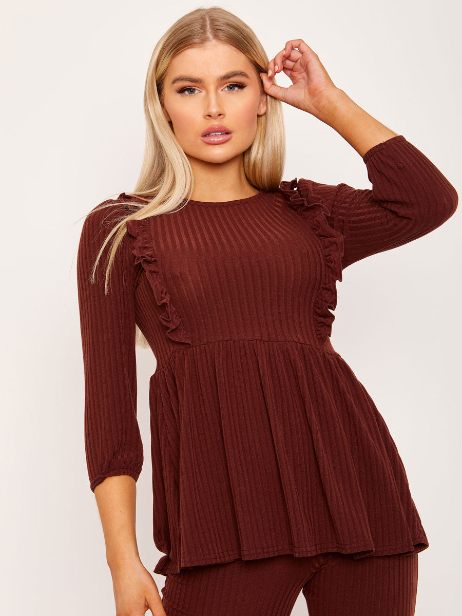 Frill Detail Ribbed Peplum Co-ord