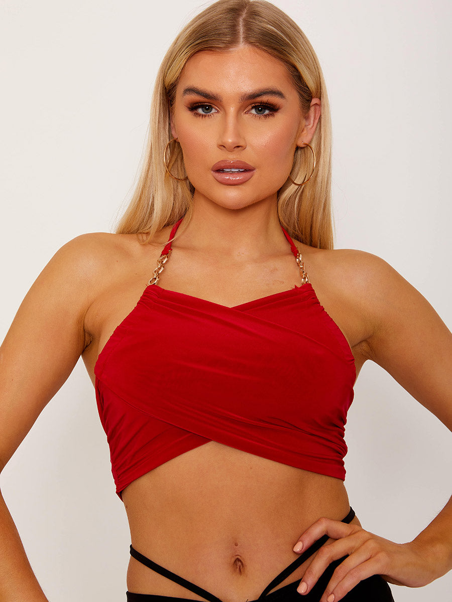 Cross Wrap Halter Crop Top with Chain Detail