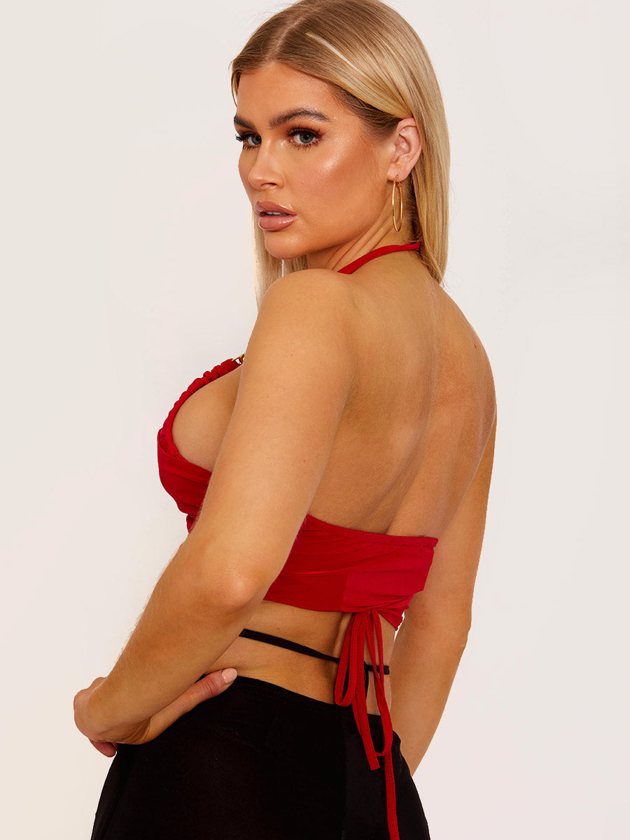 Cross Wrap Halter Crop Top with Chain Detail
