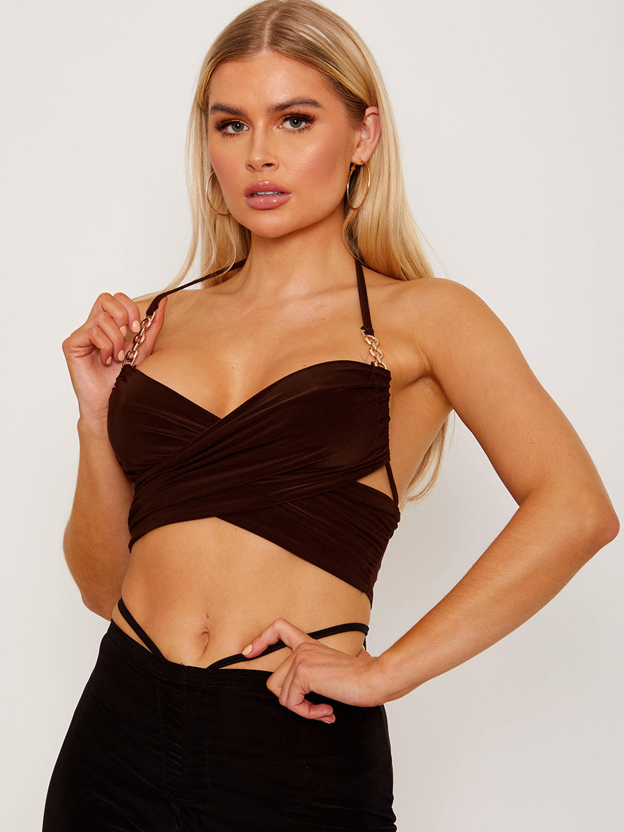 Cross Wrap Halter Crop Top with Chain Detail