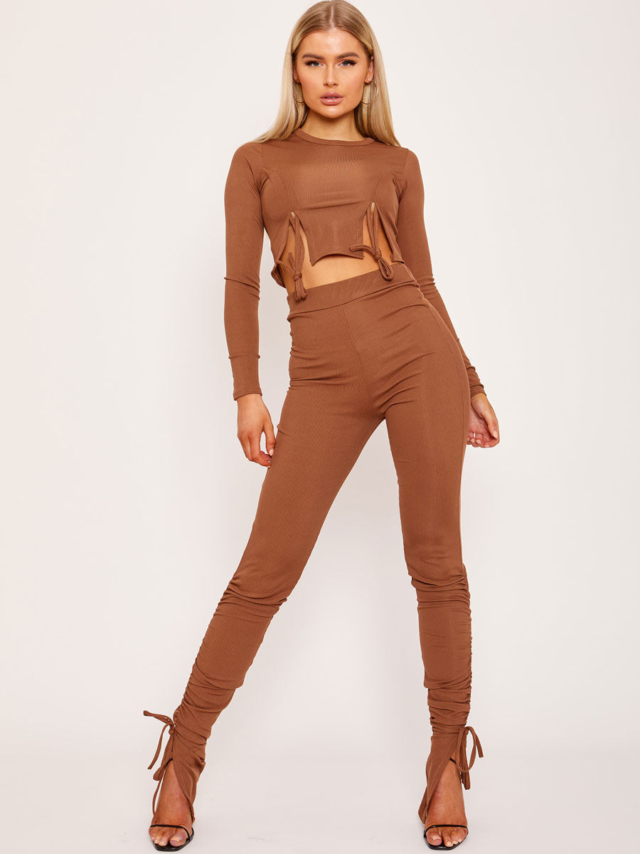Ribbed Ruched Slit Crop Top and Trouser Co-ord