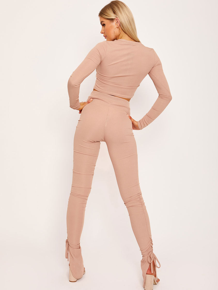 Ribbed Ruched Slit Crop Top and Trouser Co-ord