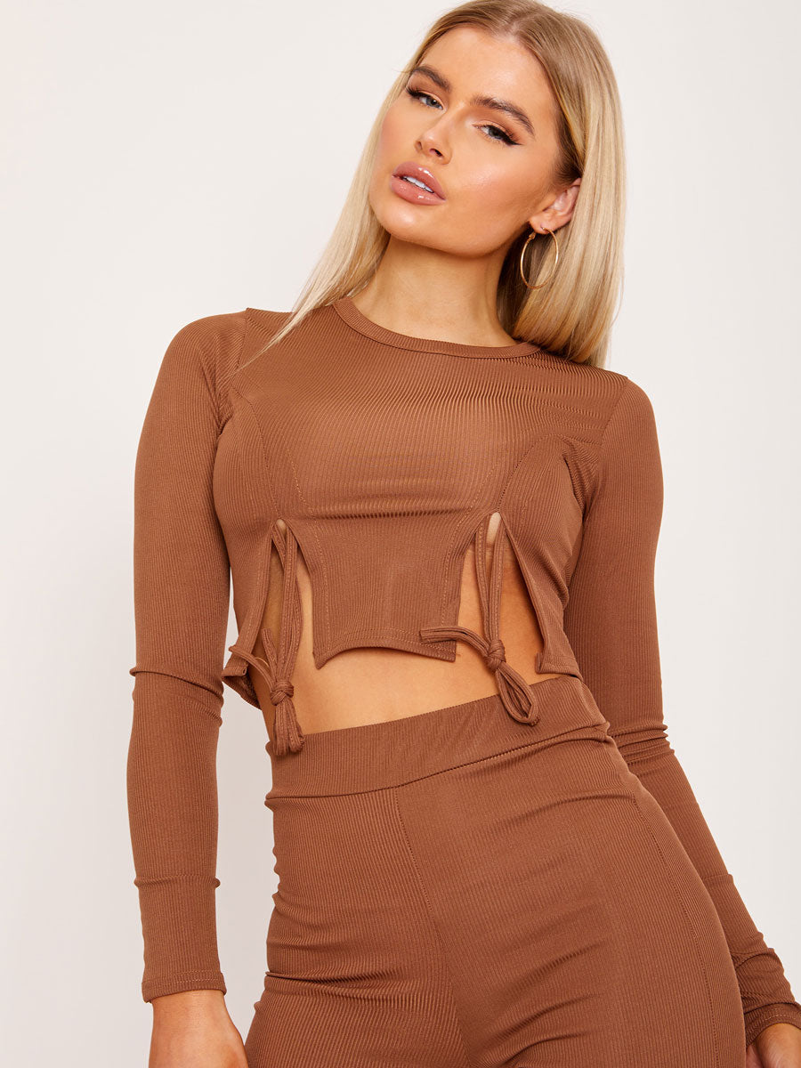 Ribbed Ruched Slit Crop Top and Trouser Co-ord
