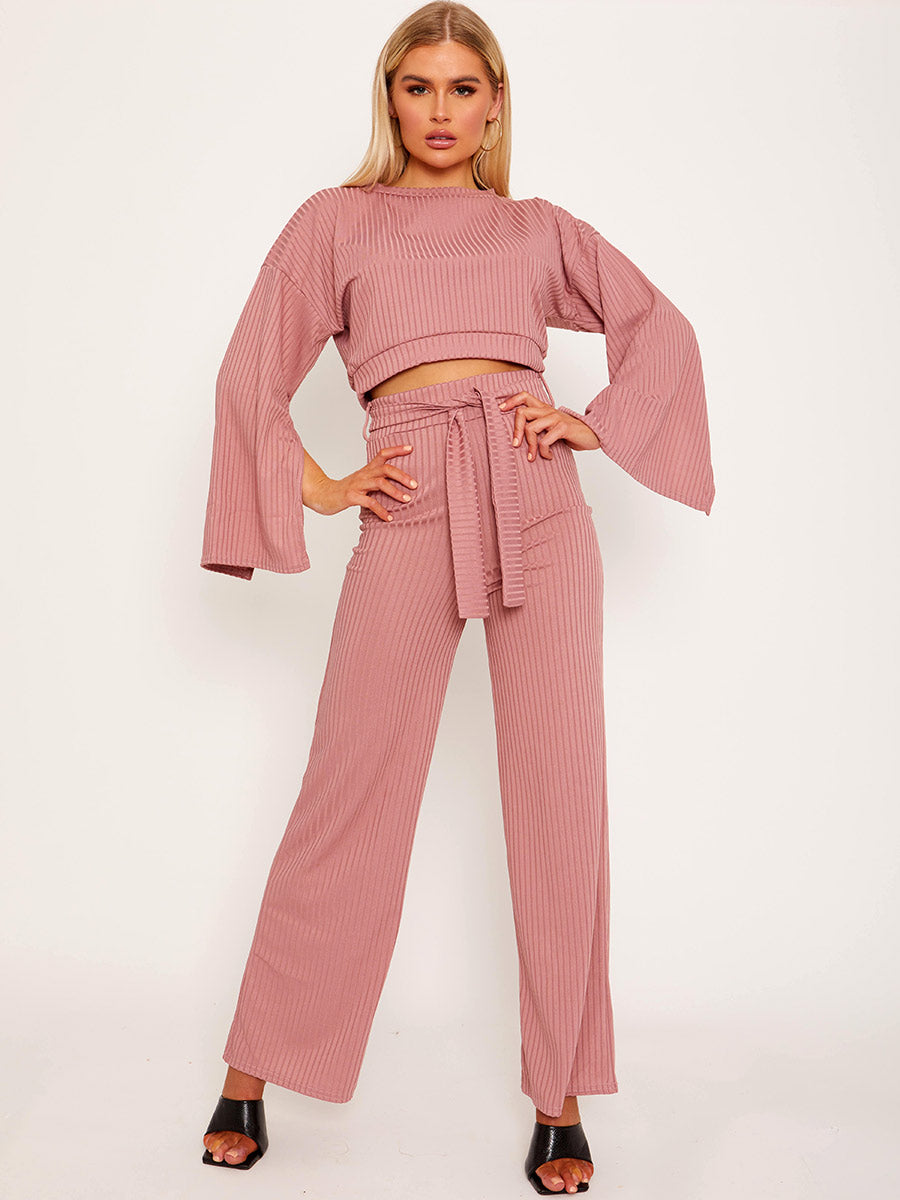 Split Sleeve Ribbed Crop Top & Trouser Co-ord