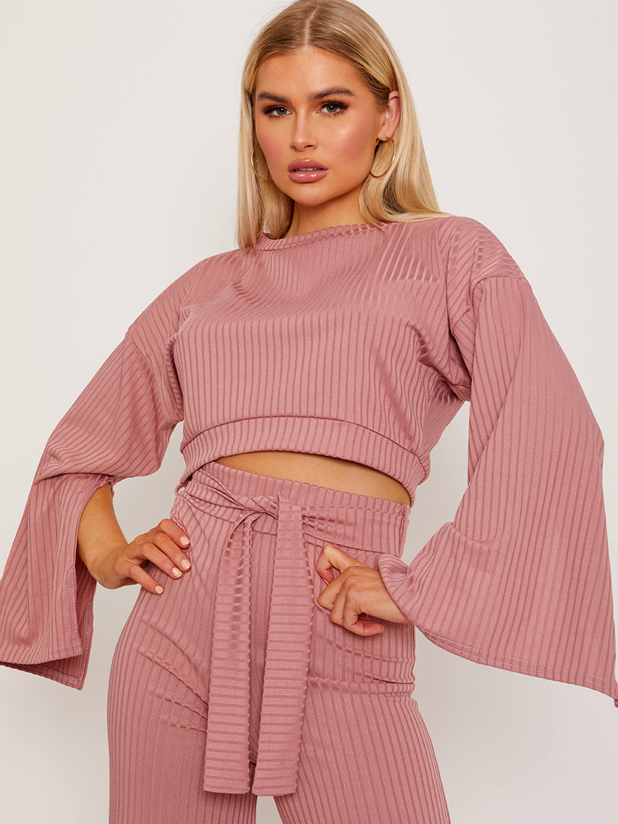 Split Sleeve Ribbed Crop Top & Trouser Co-ord